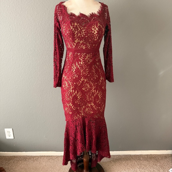 L'atiste By Amy Lace Party Dress Sz S Hi Low Hem Long Sleeve Dark Red Mermaid - Picture 9 of 9